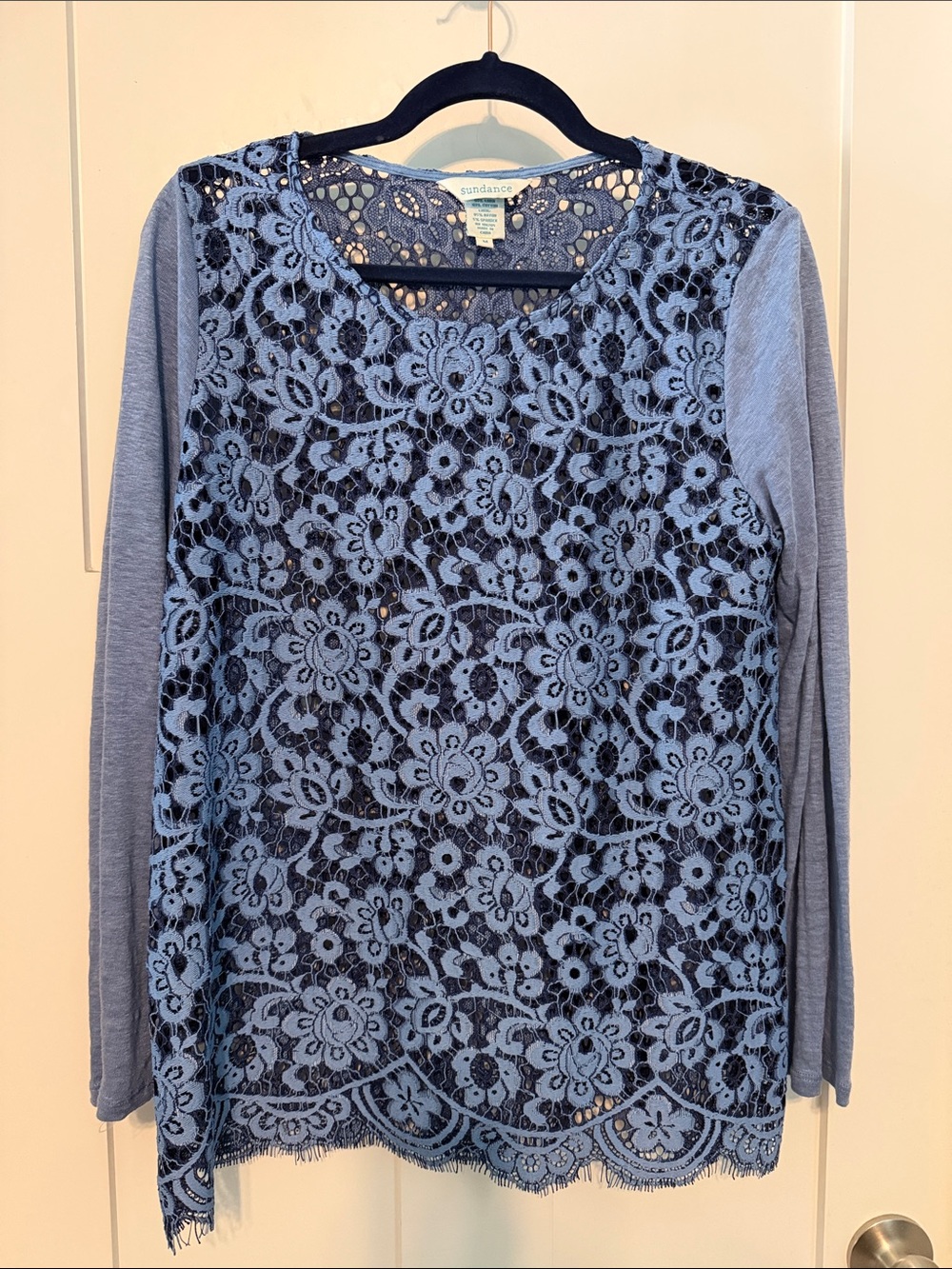 Sundance Ariadna Light Blue Lace Front Long Sleeve Top Cotton and Linen Size M